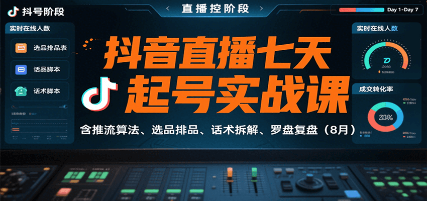 抖音直播七天起号实战课：含推流算法、选品排品、话术拆解、罗盘复盘(8月)-智点网