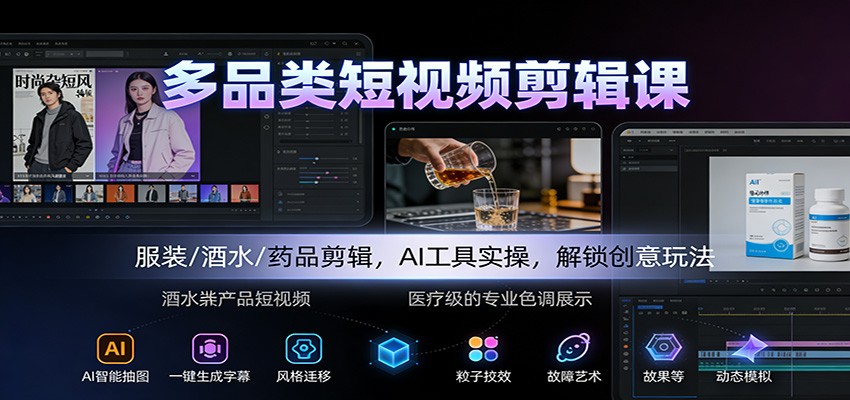 多品类短视频剪辑课：服装/酒水/药品剪辑，AI工具实操，解锁创意玩法-智点网