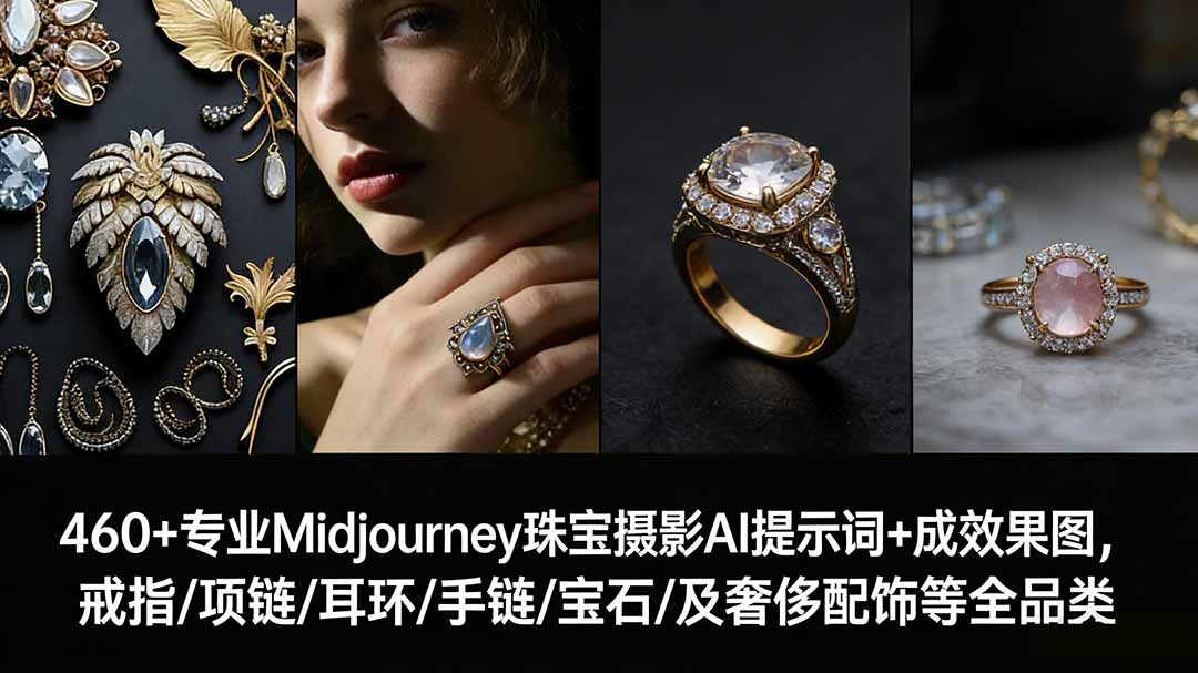460+专业Midjourney珠宝摄影AI提示词+成效果图，戒指/项链/耳环/手链/宝石/及奢侈配饰等全品类-智点网