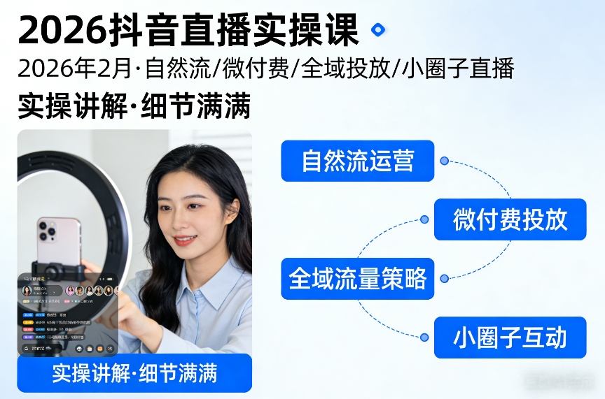 2026抖音直播实操课2026年2月，自然流、微付费、全域投放、小圈子直播，实操讲解，细节满满-智点网