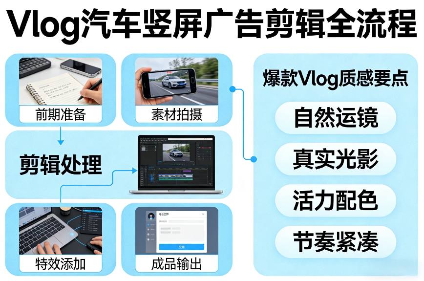 Vlog感觉汽车竖屏广告剪辑脚本全流程，拿捏爆款Vlog质感-智点网