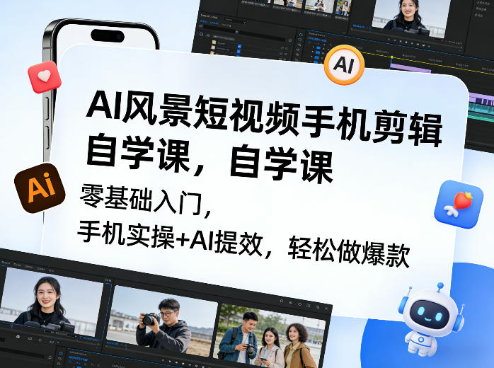 AI风景短视频手机剪辑自学课，零基础入门，手机实操+AI提效，轻松做爆款-智点网