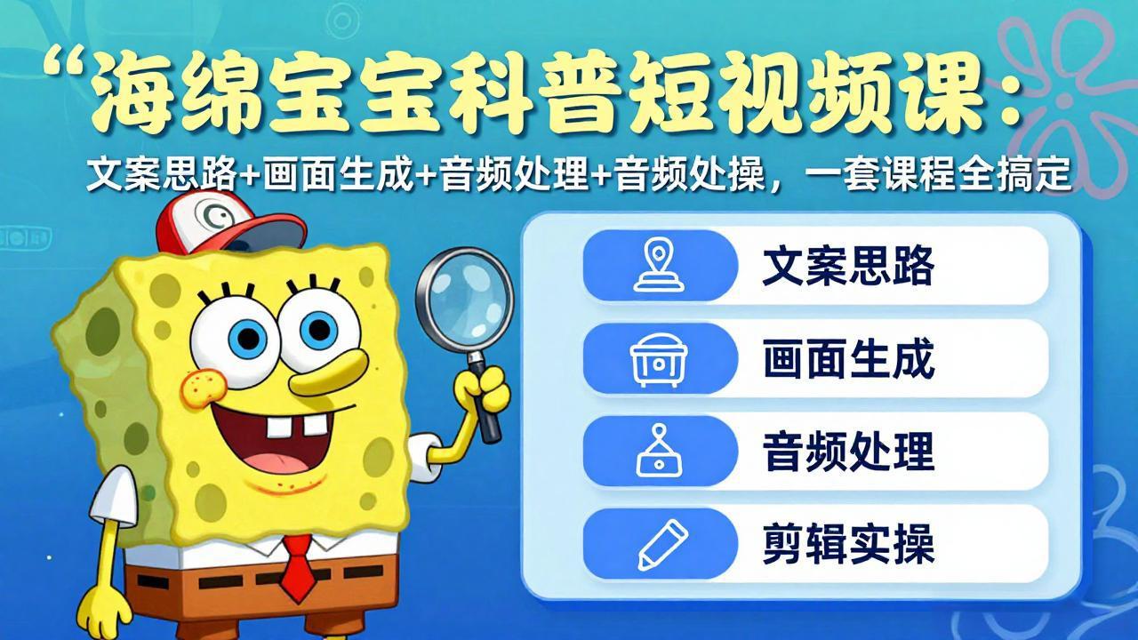 海绵宝宝科普短视频课：文案思路+画面生成+音频处理+剪辑实操，一套课程全搞定-智点网