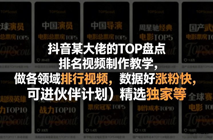 抖音某大佬的TOP盘点排名视频制作，做各领域排行视频，数据好涨粉快，可进伙伴计划＋精选独家等-智点网