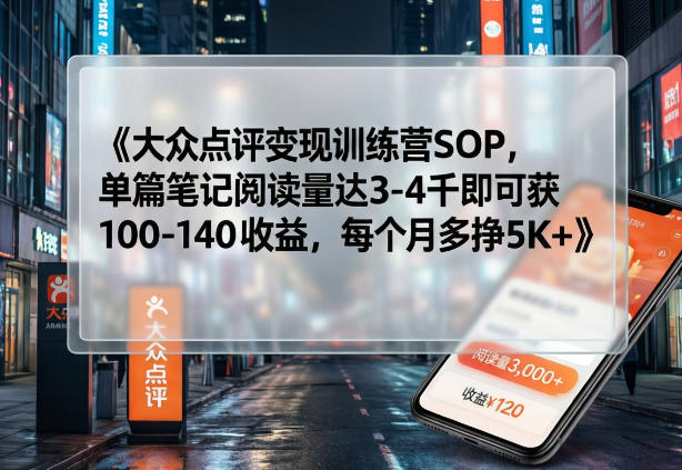 大众点评变现训练营SOP，单篇笔记阅读量达3-4千即可获100-140收益，每个月多挣5K+-智点网