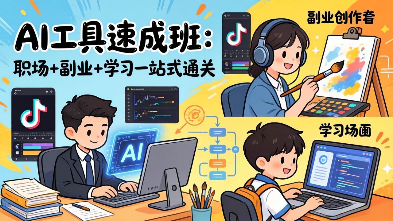 AI工具速成班：职场+副业+学习一站式通关，20+爆款类型+剪映技巧+抖音算法，0基础快速上手-智点网