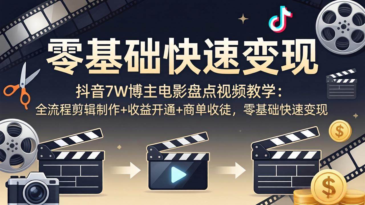 抖音7W博主电影盘点视频教学：全流程剪辑制作+收益开通+商单收徒，零基础快速变现-智点网