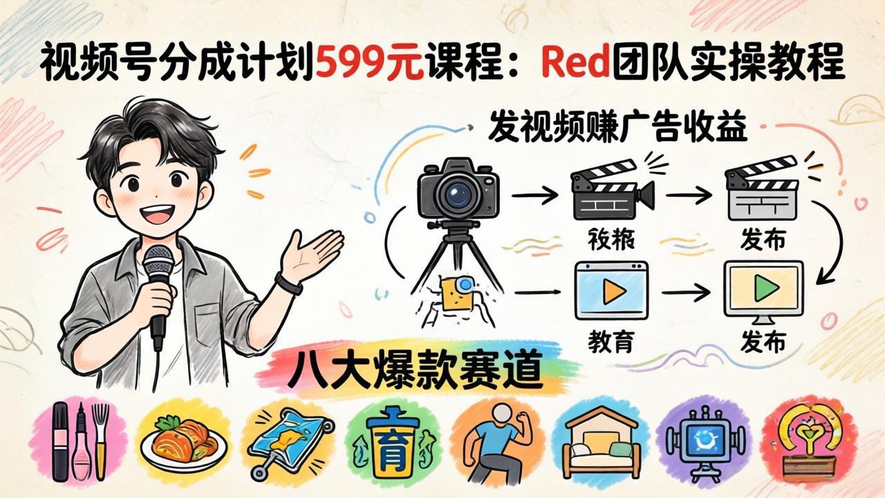 视频号分成计划599元课程：Red团队实操教程，发视频赚广告收益，八大爆款赛道全掌握-智点网