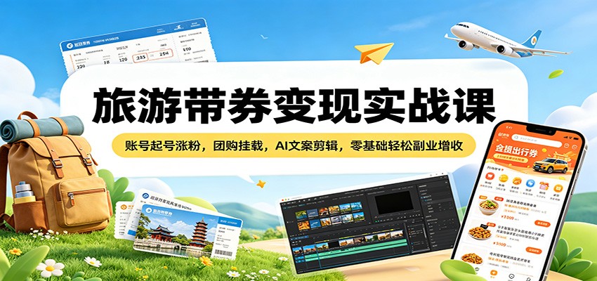 旅游带券变现实战课：账号起号涨粉，团购挂载，AI文案剪辑，零基础轻松副业增收-智点网