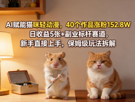 AI赋能猫咪轻动漫，40个作品涨粉152.8W，日收益5张+副业标杆赛道，新手直接上手，保姆级玩法拆解-智点网