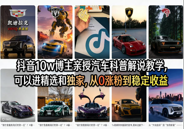 抖音10w博主亲授汽车科普解说教学，可以进精选和独家，从0涨粉到稳定收益(详细视频课程+1T素材)-智点网