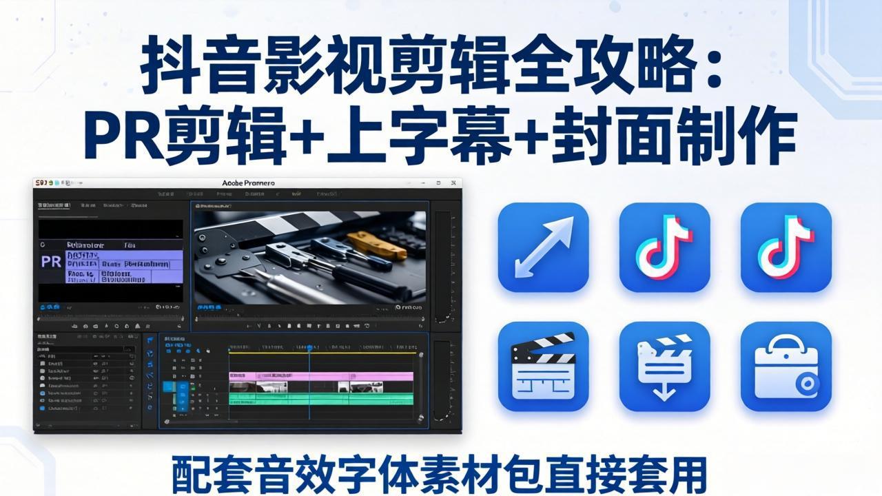 抖音影视剪辑全攻略：PR剪辑+上字幕+封面制作，配套音效字体素材包直接套用-智点网