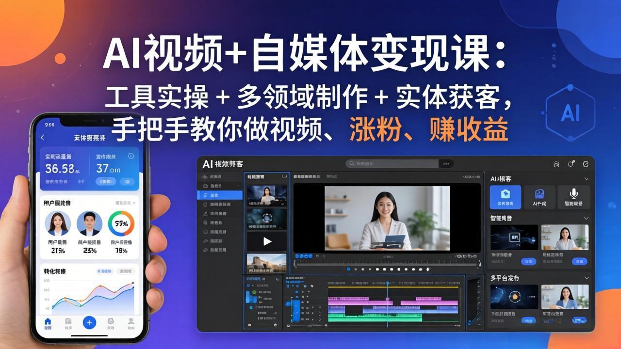 AI视频+自媒体变现课：工具实操 + 多领域制作 + 实体获客，手把手教你做视频、涨粉、赚收益-智点网