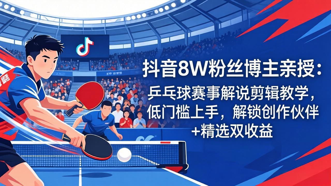 抖音8W粉丝博主亲授：乒乓球赛事解说剪辑教学，低门槛上手，解锁创作伙伴+精选双收益-智点网
