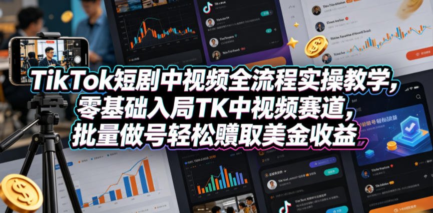 TikTok短剧中视频全流程实操教学，零基础入局TK中视频赛道，批量做号轻松賺取美金收益-智点网