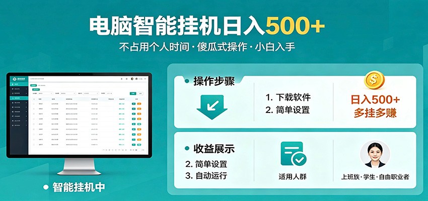 全自动电脑挂机，支持多挂多赚，上班族学生党都能做，小白也能日入500+副业-智点网