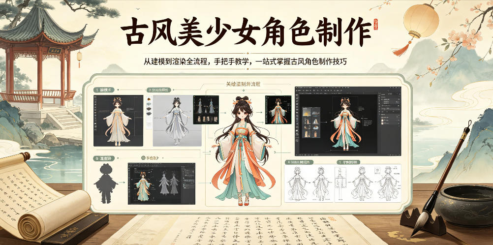 古风美少女角色制作，从建模到渲染全流程，手把手教学，一站式掌握古风角色制作技巧-智点网