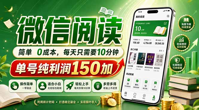 最新微信阅读，每日10分钟，单号利润150+，可批量放大操作，简单0成本-智点网