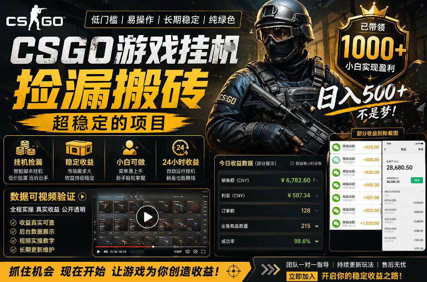 CSGO游戏搬砖，全自动挂G，不需要玩游戏，手机操作日入300+，解放双手【揭秘】-智点网