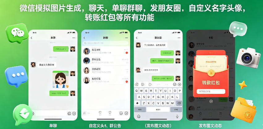 微信模拟图片生成，聊天，单聊群聊，发朋友圈，自定义名字头像，转账红包等所有功能都可以生成-智点网