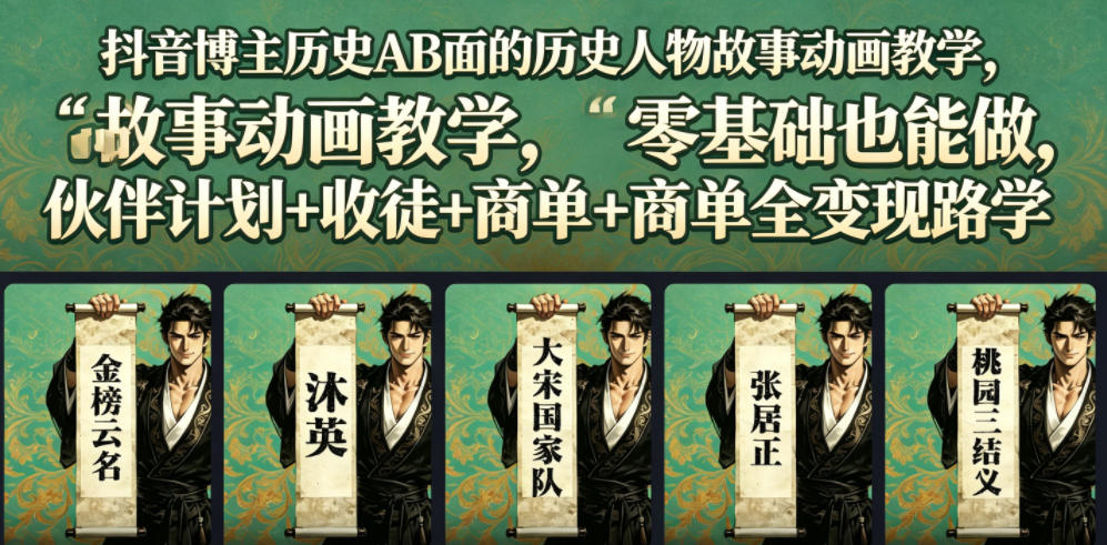 抖音博主历史AB面的历史人物故事动画教学，零基础也能做，伙伴计划+收徒+商单全变现路径教学-智点网