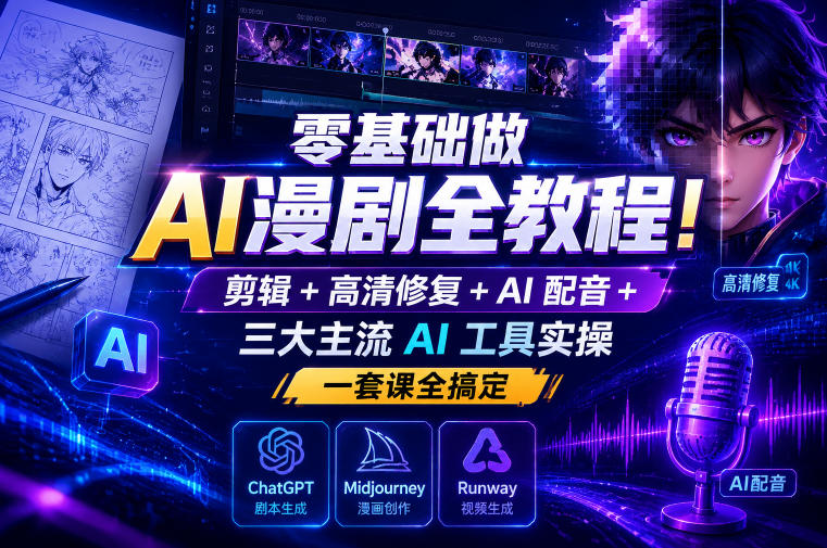 零基础做AI漫剧全教程！剪辑+高清修复+AI配音+三大主流AI工具实操，一套课全搞定-智点网
