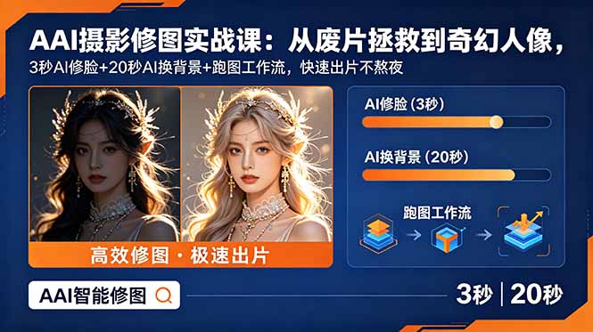 AI摄影修图实战课：从废片拯救 到 奇幻人像，3秒AI修脸+20秒AI换背景+跑图工作流，快速出片不熬夜-智点网