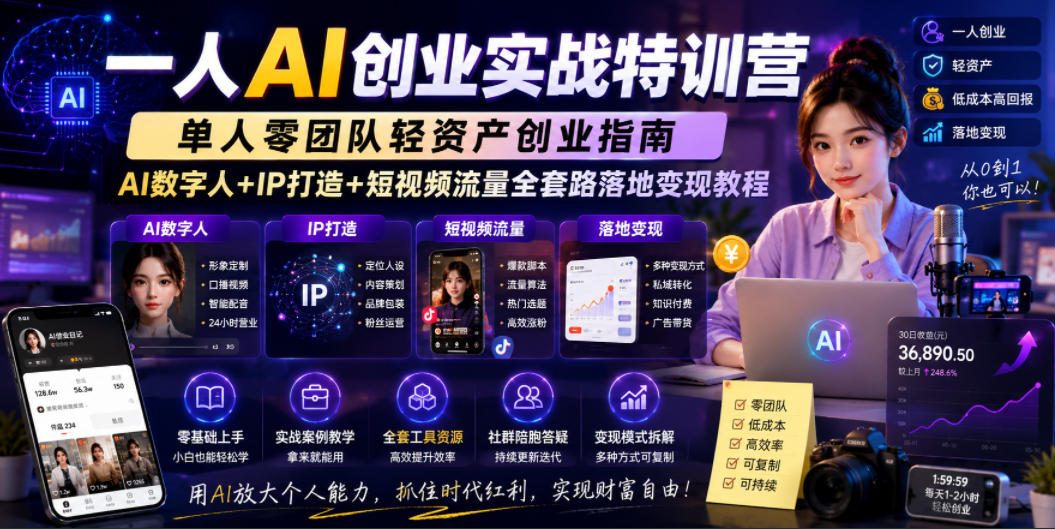 一人AI创业实战特训营，单人零团队轻资产创业指南，AI数字人+IP打造+短视频流量全套路落地变现教程-智点网