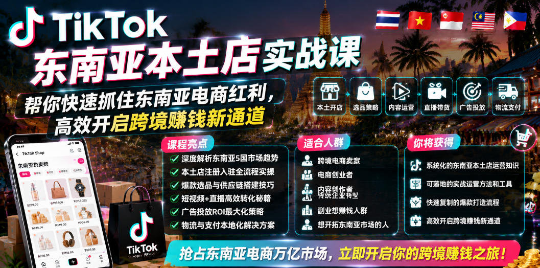 TikTok东南亚本土店实战课，帮你快速抓住东南亚电商红利，高效开启跨境賺钱新通道-智点网