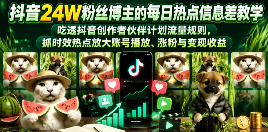 抖音24W粉丝博主的每日热点信息差教学，吃透创作者伙伴计划流量规则，抓时效热点放大账号播放、涨粉与变现收益(更新)-智点网