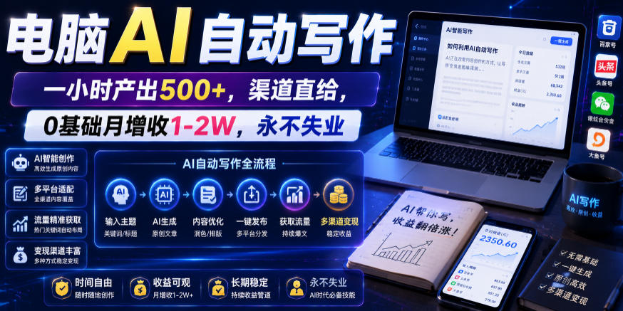 电脑AI自动写作，一小时产出500+，渠道直给，0基础月增收1-2W，永不失业【揭秘】-智点网