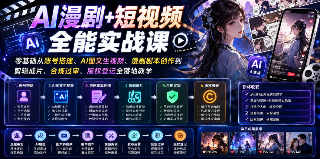 AI漫剧+短视频全能实战课｜零基础从账号搭建、AI图文生视频、漫剧剧本创作到剪辑成片、合规过审、版权登记全落地教学-智点网