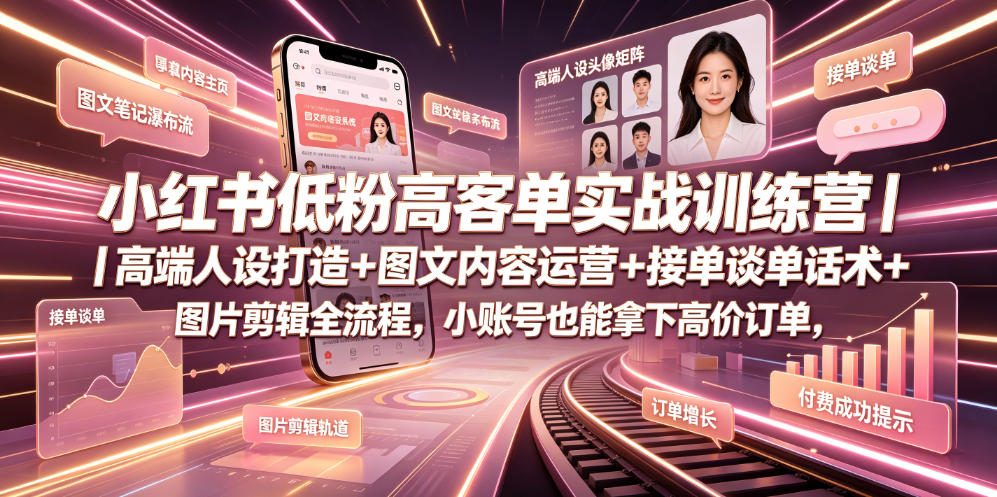 小红书低粉高客单实战训练营｜高端人设打造+图文内容运营+接单谈单话术+图片剪辑全流程，小账号也能拿下高价订单-智点网