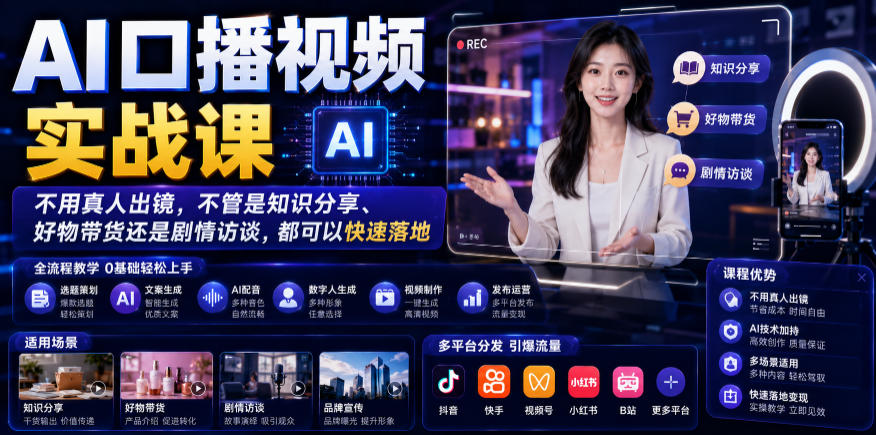 AI口播视频实战课，不用真人出镜，不管是知识分享、好物带货还是剧情访谈，都可以快速落地-智点网