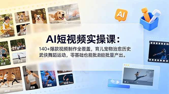 AI短视频实操课：140+爆款视频制作全覆盖，育儿宠物治愈历史武侠舞蹈运动，零基础也能批量产出-智点网