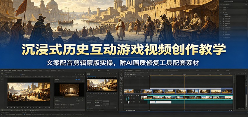 沉浸式历史互动游戏视频创作教学：文案配音剪辑蒙版实操，附AI画质修复工具配套素材-智点网