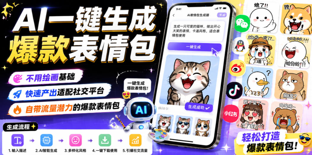 AI一键生成爆款表情包，不用绘画基础，快速产出适配社交平台，自带流量潜力的爆款表情包-智点网