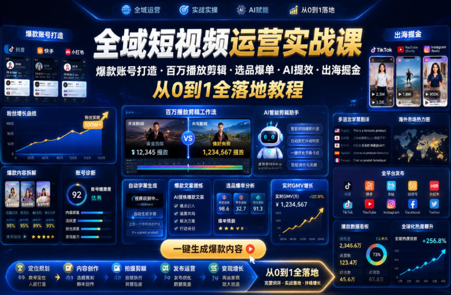 全域短视频运营实战课，爆款账号打造・百万播放剪辑・选品爆单・AI提效・出海掘金，从0到1全落地教程-智点网