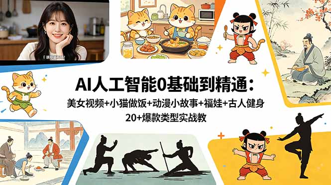 AI人工智能0基础到精通：美女视频+小猫做饭+动漫小故事+福娃+古人健身，20+爆款类型实战教学-智点网