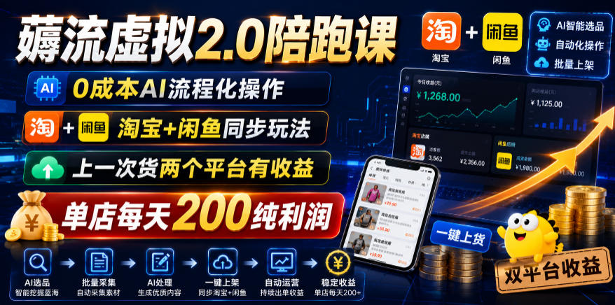 薅流虚拟2.0陪跑课，0成本AI流程化操作，淘宝+闲鱼同步玩法，上一次货两个平台有收益，单店每天200纯利润-智点网