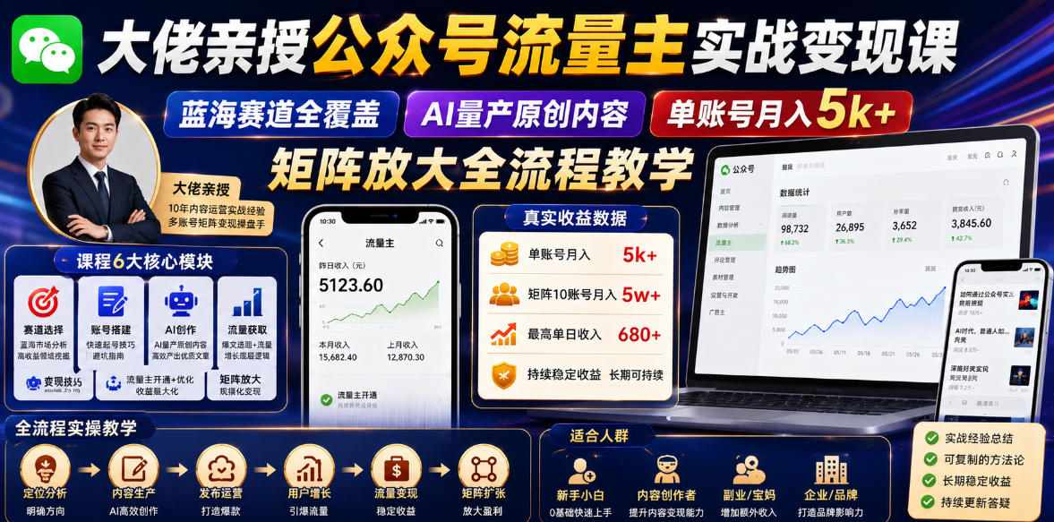 大佬亲授公众号流量主实战变现课，蓝海赛道全覆盖，AI量产原创内容，单账号月入5k+矩阵放大全流程教学-智点网