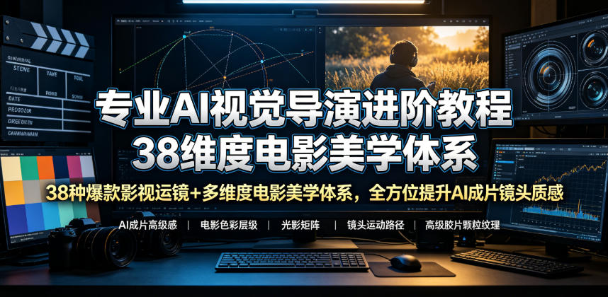 专业AI视觉导演进阶教程，38种爆款影视运镜+多维度电影美学体系，全方位提升AI成片高级感与镜头质感-智点网