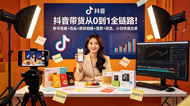 抖音带货从0到1全链路！账号搭建+选品+原创拍摄+混剪+投流，小白快速出单-智点网