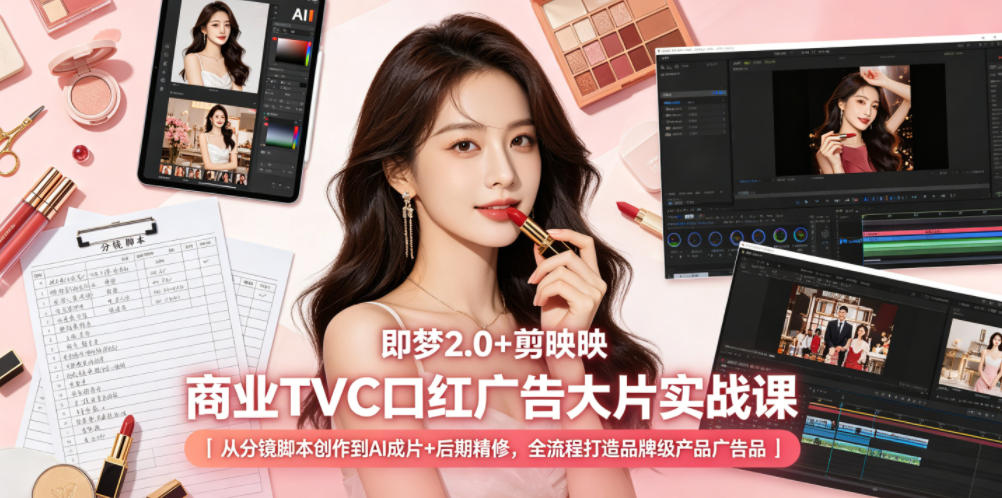 即梦2.0+剪映商业TVC口红广告大片实战课｜从分镜脚本创作到AI成片+后期精修，全流程打造品牌级产品广告-智点网
