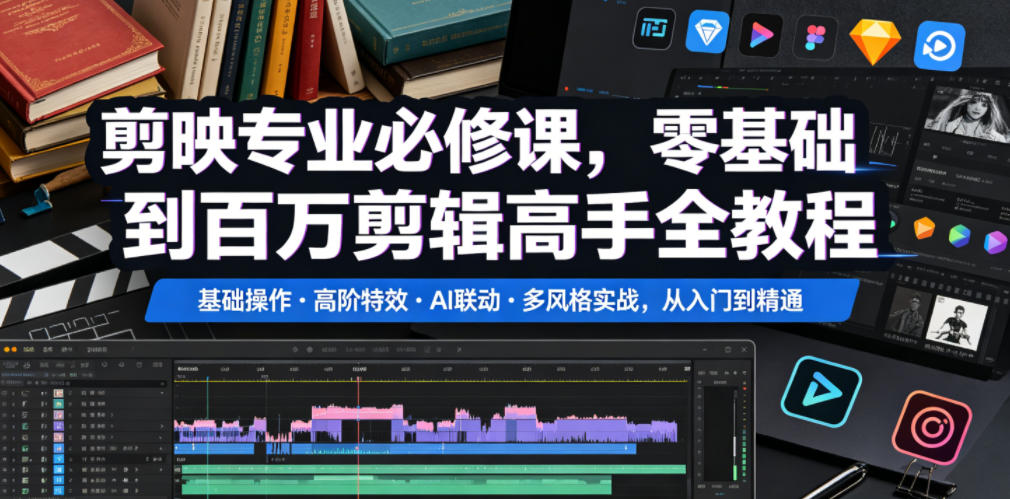 剪映专业必修课，零基础到百万剪辑高手全教程，基础操作・高阶特效・AI联动・多风格实战，从入门到精通-智点网