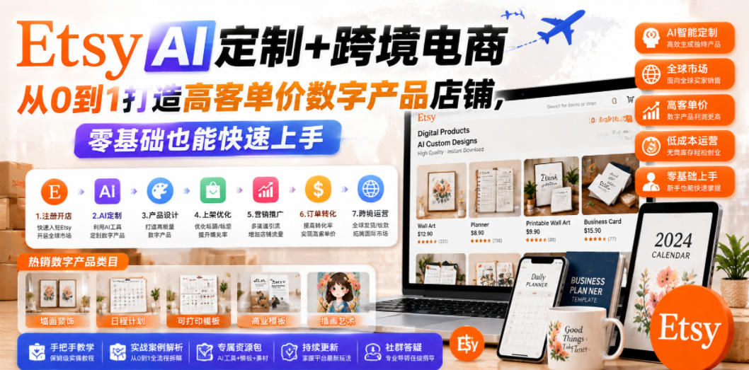 Etsy AI定制+跨境电商，从0到1打造高客单价数字产品店铺，零基础也能快速上手-智点网