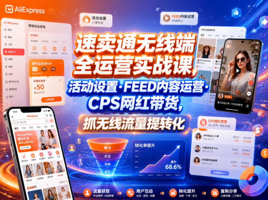 速卖通无线端全运营实战课，活动设置・FEED内容运营・CPS网红带货，抓无线流量提转化-智点网