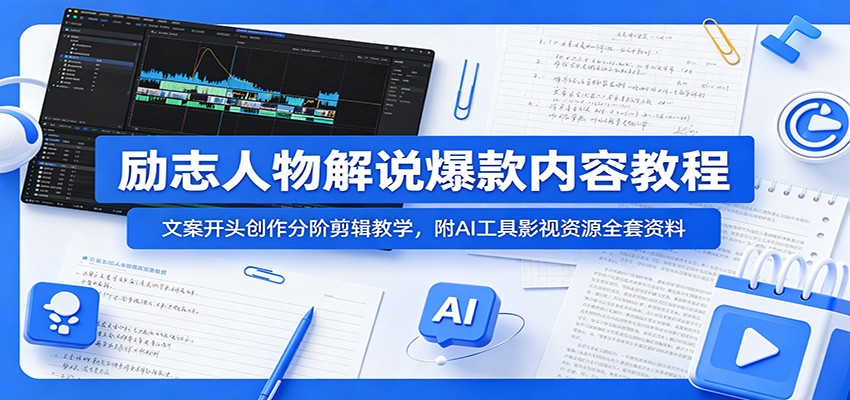 励志人物解说爆款内容教程：文案开头创作分阶剪辑教学，附AI 工具影视资源全套资料-智点网