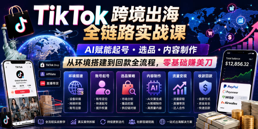 TikTok跨境出海全链路实战课，AI赋能起号・选品・内容制作，从环境搭建到回款全流程，零基础賺美刀-智点网