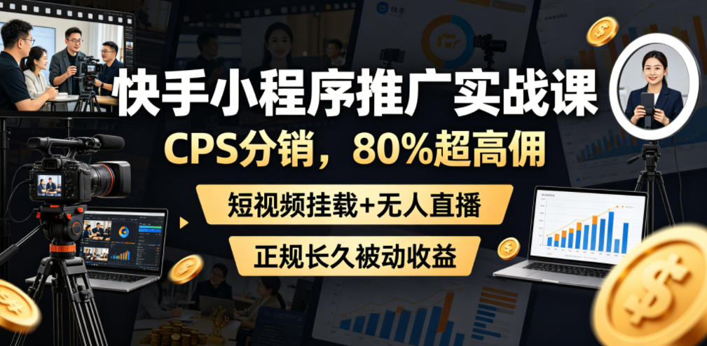 快手小程序推广实战课，CPS分销，80%超高佣，短视频挂载+无人直播，正规长久被动收益-智点网